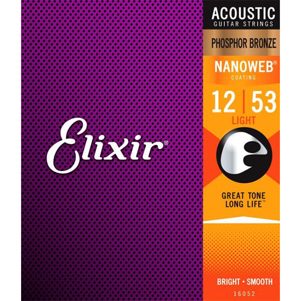 Elixir 16052 Nanoweb Acoustic Guitar String Phosphor Bronze Rich Full Smooth (12-53)