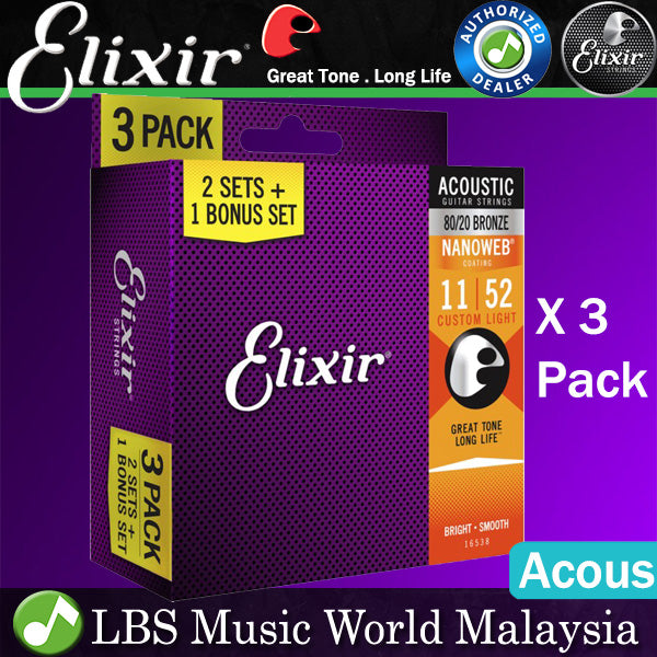 Elixir 16538 Nanoweb Acoustic Guitar String Bronze Custom Light Bright Smooth 3 Pack (11-52)