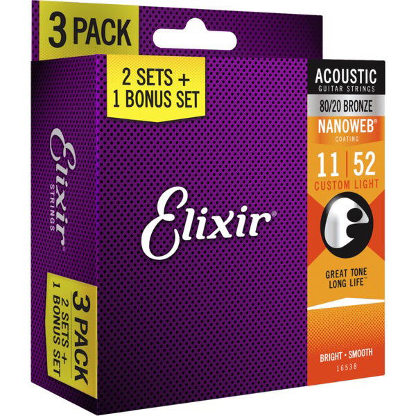 Elixir 16538 Nanoweb Acoustic Guitar String Bronze Custom Light Bright Smooth 3 Pack (11-52)