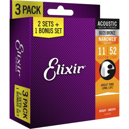 Elixir 16538 Nanoweb Acoustic Guitar String Bronze Custom Light Bright Smooth 3 Pack (11-52)
