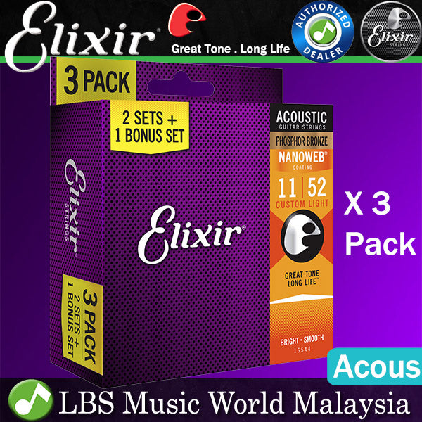 Elixir 16544 Nanoweb Acoustic Guitar String Phosphor Bronze Custom Light 3 Pack (11-52)