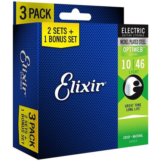 Elixir 16552 Optiweb Electric Guitar String Nickle Plated Light Great Tone 3 Pack (10-46)