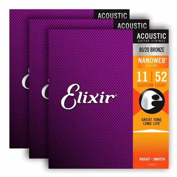 Elixir 16538 Nanoweb Acoustic Guitar String Bronze Custom Light Bright Smooth 3 Pack (11-52)