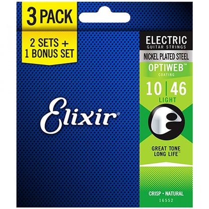 Elixir 16552 Optiweb Electric Guitar String Nickle Plated Light Great Tone 3 Pack (10-46)