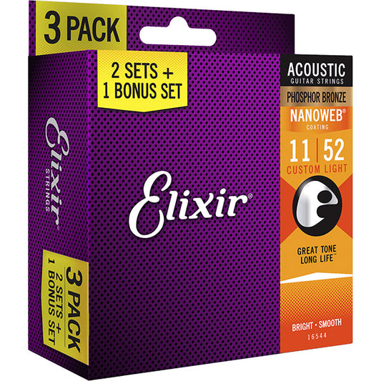 Elixir 16544 Nanoweb Acoustic Guitar String Phosphor Bronze Custom Light 3 Pack (11-52)