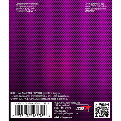 Elixir 16538 Nanoweb Acoustic Guitar String Bronze Custom Light Bright Smooth 3 Pack (11-52)