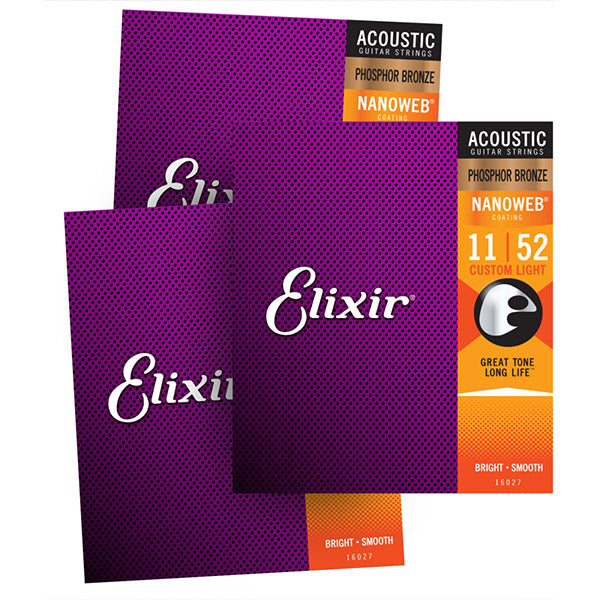 Elixir 16544 Nanoweb Acoustic Guitar String Phosphor Bronze Custom Light 3 Pack (11-52)
