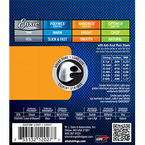 Elixir 12027 Nanoweb Electric Guitar String Nickel Plated Steel Custom Light Bright Smooth (9-46)
