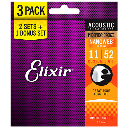 Elixir 16544 Nanoweb Acoustic Guitar String Phosphor Bronze Custom Light 3 Pack (11-52)
