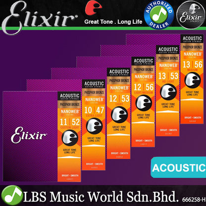Elixir 16027 Nanoweb Acoustic Guitar String Phosphor Bronze Custom Light Bright Smooth (11-52)