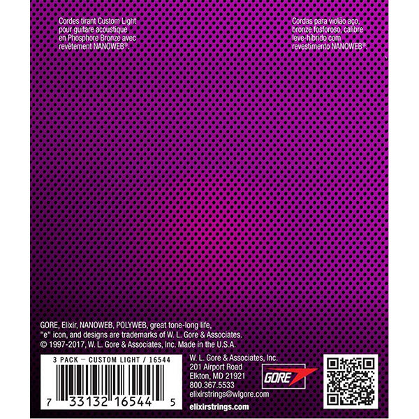 Elixir 16544 Nanoweb Acoustic Guitar String Phosphor Bronze Custom Light 3 Pack (11-52)