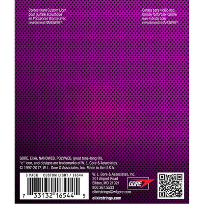 Elixir 16544 Nanoweb Acoustic Guitar String Phosphor Bronze Custom Light 3 Pack (11-52)