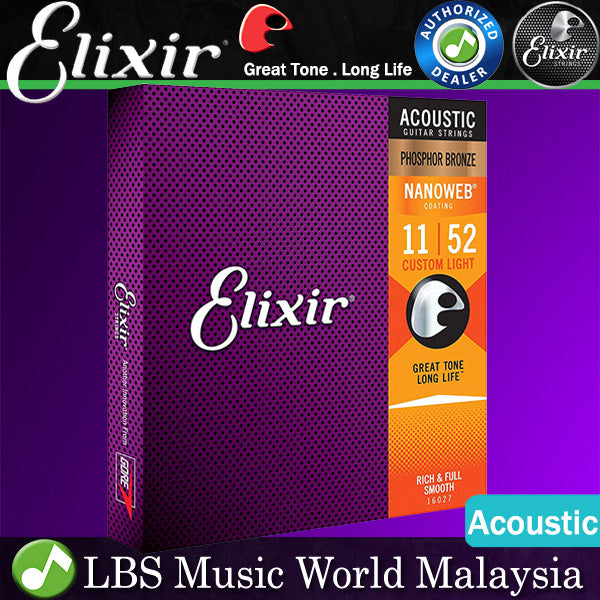 Elixir 16027 Nanoweb Acoustic Guitar String Phosphor Bronze Custom Light Bright Smooth (11-52)