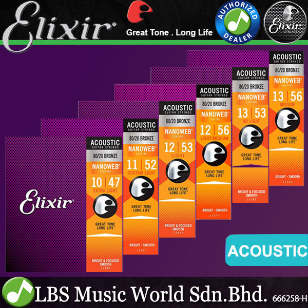 Elixir 11002 Nanoweb Acoustic Guitar String 80/20 Bronze Extra Light Bright Focus Smooth (10-47)