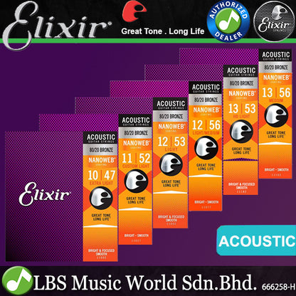Elixir 11002 Nanoweb Acoustic Guitar String 80/20 Bronze Extra Light Bright Focus Smooth (10-47)