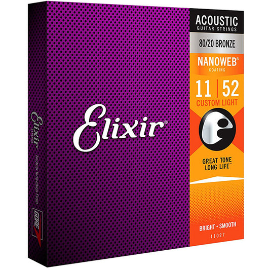 Elixir 11027 Nanoweb Acoustic Guitar String 80/20 Bronze Custom Light Bright Smooth (11-52)
