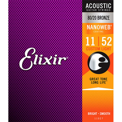 Elixir 11027 Nanoweb Acoustic Guitar String 80/20 Bronze Custom Light Bright Smooth (11-52)