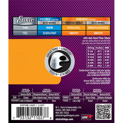 Elixir 11027 Nanoweb Acoustic Guitar String 80/20 Bronze Custom Light Bright Smooth (11-52)