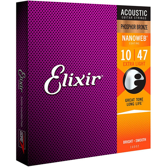 Elixir 16002 Nanoweb Acoustic Guitar String Phosphor Bronze Extra Light Bright Smooth (10-47)