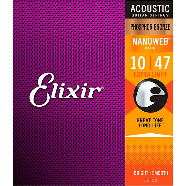 Elixir 16002 Nanoweb Acoustic Guitar String Phosphor Bronze Extra Light Bright Smooth (10-47)