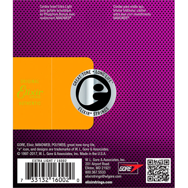 Elixir 16002 Nanoweb Acoustic Guitar String Phosphor Bronze Extra Light Bright Smooth (10-47)