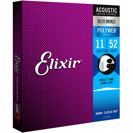 Elixir 11025 Polyweb Acoustic Guitar String 80/20 Bronze Custom Light Warm Slick Fast (11-52)