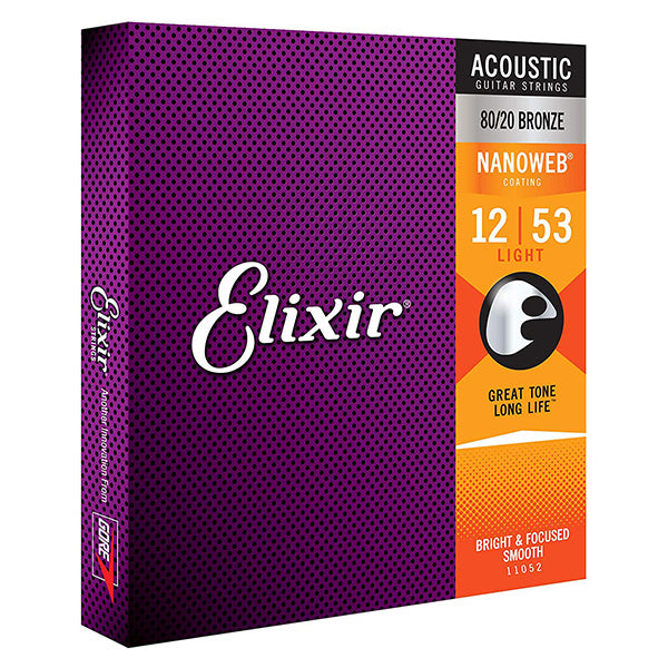 Elixir 11052 Nanoweb Acoustic Guitar String 80/20 Bronze Light Bright Focus Smooth (12-53)
