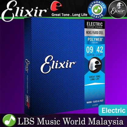 Elixir 12000 Polyweb Electric Guitar String Nickel Plated Steel Super Light Warm (9-42)