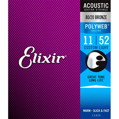 Elixir 11025 Polyweb Acoustic Guitar String 80/20 Bronze Custom Light Warm Slick Fast (11-52)