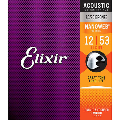 Elixir 11052 Nanoweb Acoustic Guitar String 80/20 Bronze Light Bright Focus Smooth (12-53)