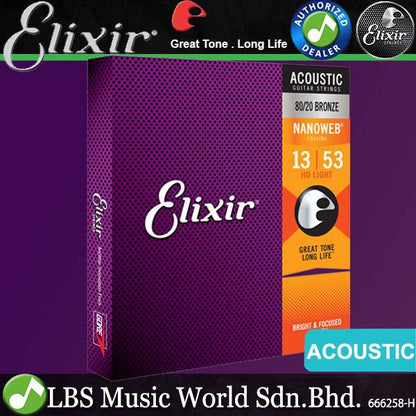 Elixir 11002 Nanoweb Acoustic Guitar String 80/20 Bronze Extra Light Bright Focus Smooth (10-47)