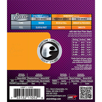 Elixir 11052 Nanoweb Acoustic Guitar String 80/20 Bronze Light Bright Focus Smooth (12-53)
