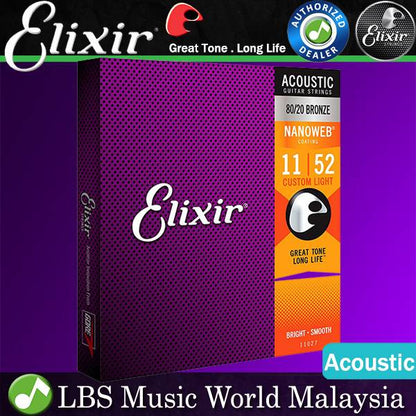 Elixir 11002 Nanoweb Acoustic Guitar String 80/20 Bronze Extra Light Bright Focus Smooth (10-47)