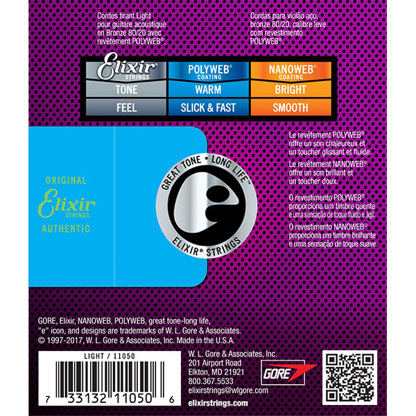 Elixir 11050 Polyweb Acoustic Guitar String 80/20 Bronze Light Warm Slick Fast (12-53)