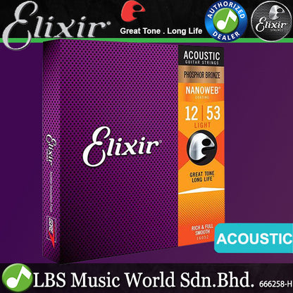 Elixir 16027 Nanoweb Acoustic Guitar String Phosphor Bronze Custom Light Bright Smooth (11-52)