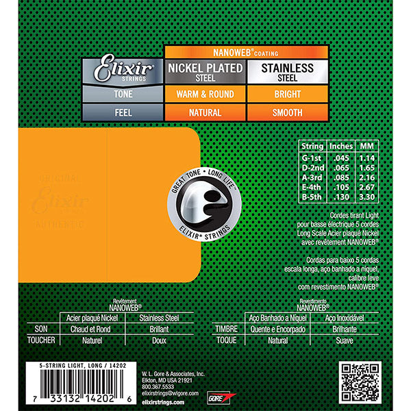 Elixir 14202 Nanoweb 5 String Electric Bass Guitar Nickel Plated Steel Long Scale (45-130)