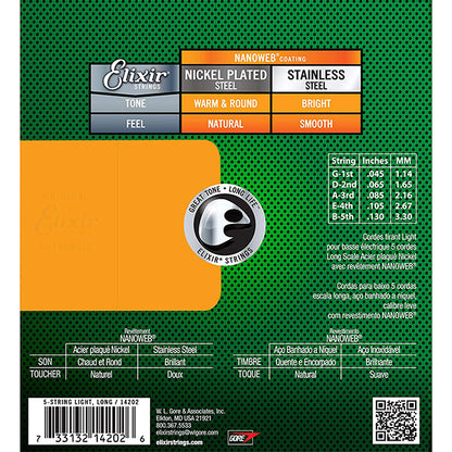 Elixir 14202 Nanoweb 5 String Electric Bass Guitar Nickel Plated Steel Long Scale (45-130)