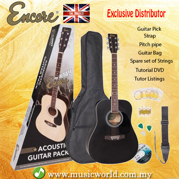 ENCORE EWP-100BK Dreadnought Black Acoustic Guitar Black Bundle Starter Pack Package