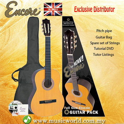 Encore ENC440FT Natural Wood Full Size Classic Guitar Bundle Starter Pack Package