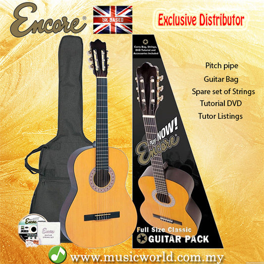 Encore ENC440FT Natural Wood Full Size Classic Guitar Bundle Starter Pack Package