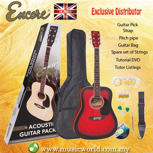 ENCORE EWP-100RB Redburst Dreadnought Black Acoustic Guitar Bundle Starter Pack Package