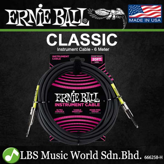 Ernie Ball Classic Instrument Cable for Guitar, Digital Drum, Piano and Keyboard 20Ft (6046 6047)