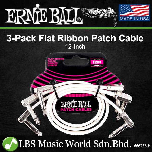 Ernie Ball 3 Pack Flat Ribbon Pedalboard Patch Cable for Effect Pedal - White (P06386 P06384 P06385)