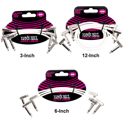 Ernie Ball 3 Pack Flat Ribbon Pedalboard Patch Cable for Effect Pedal - White (P06386 P06384 P06385)
