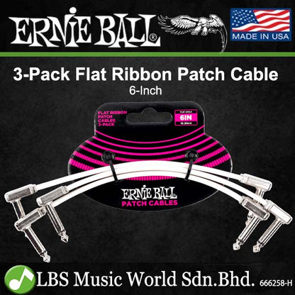 Ernie Ball 3 Pack Flat Ribbon Pedalboard Patch Cable for Effect Pedal - White (P06386 P06384 P06385)