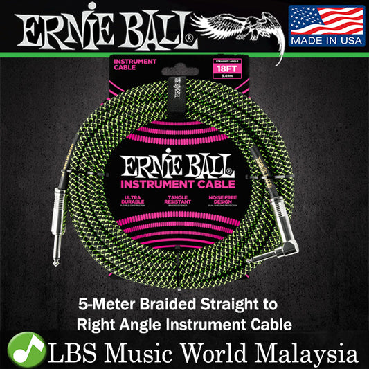 Ernie Ball 5 Meter Braided Straight to Right Angle Instrument Cable for Electric Acoustic Bass Guitar- (6082 6083 6084 6085 6086)