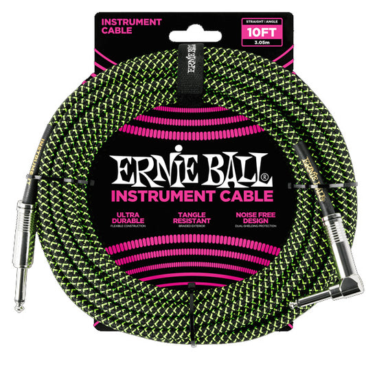 Ernie Ball 3 Meter Braided Straight to Right Angle Instrument Cable for Electric Acoustic Bass Guitar (6077 6078 6079 6080 6081)