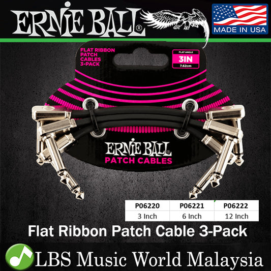 Ernie Ball Flat Ribbon Pedalboard Patch Cable For Effect Pedal Black- 3 Pack (6220 6221 6222)