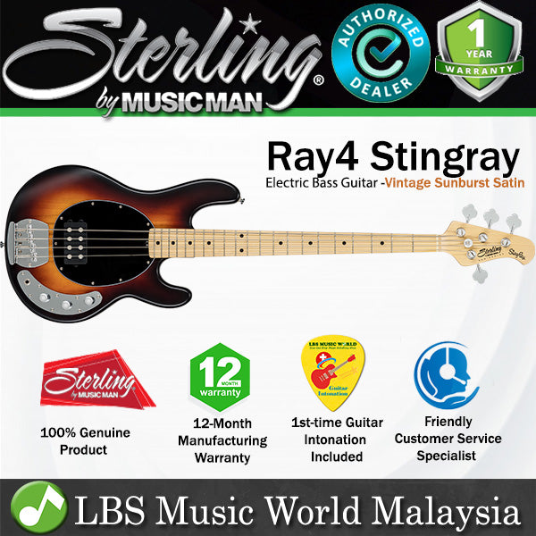 Sterling by Ernie Ball Music Man Ray4 Stingray Bass Guitar- Vintage Sunburst Satin (Ray4-VSBS)