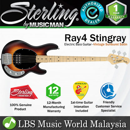 Sterling by Ernie Ball Music Man Ray4 Stingray Bass Guitar- Vintage Sunburst Satin (Ray4-VSBS)